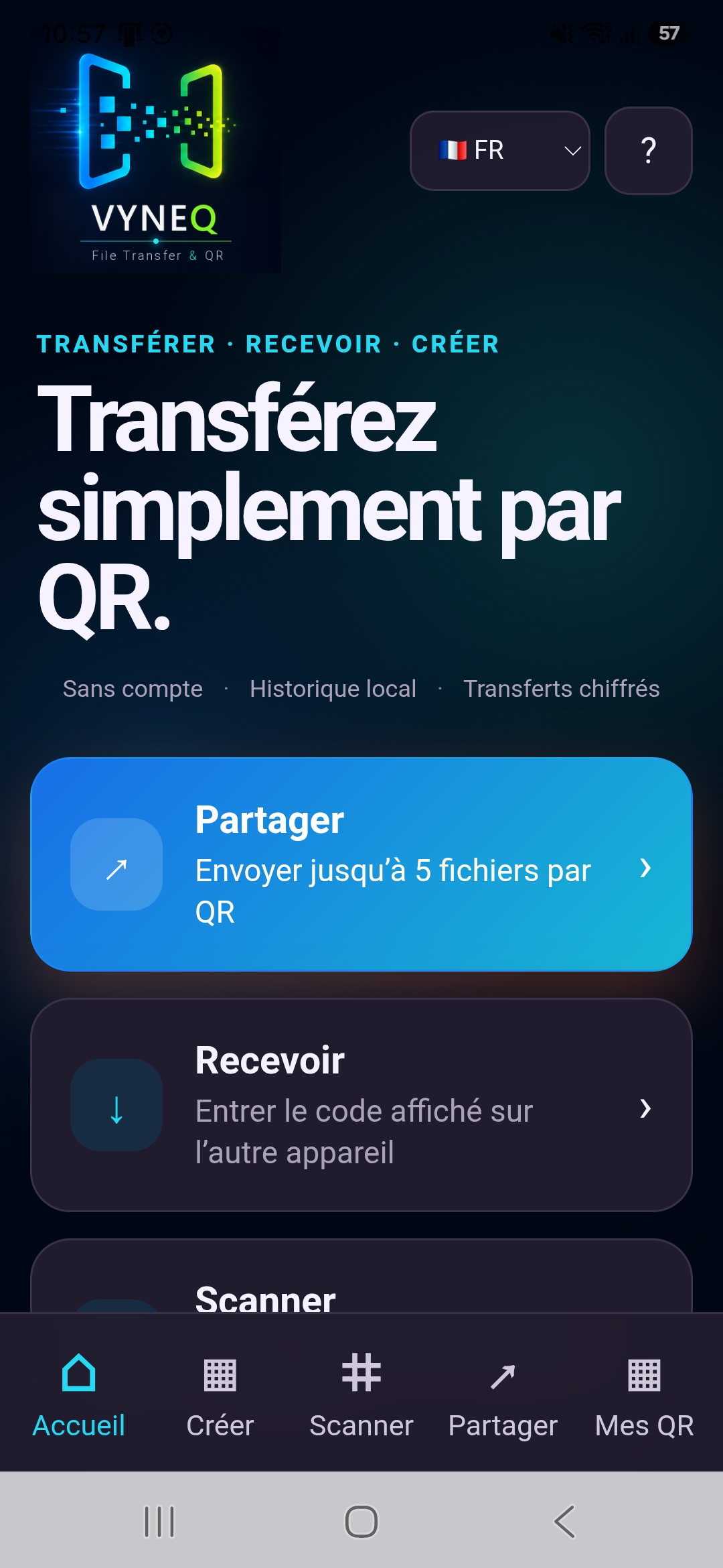 Capture réelle de l’écran d’accueil VYNEQ